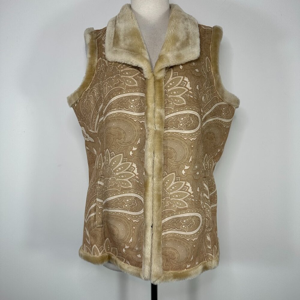 Coldwater Creek Tan Paisley Faux Fur Vest Fuzzy Cozy Coat Women's Large
